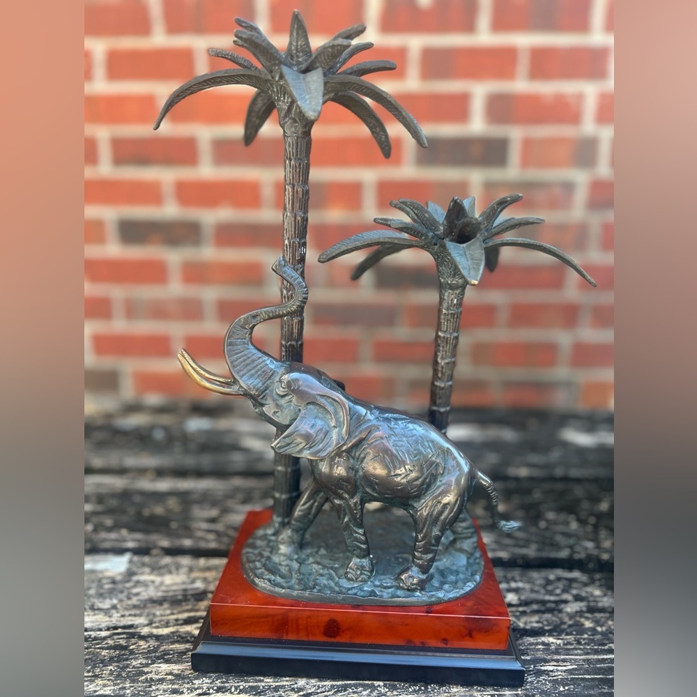 Vtg Bronze Trunk Up Elephant Sculpture Palm Tree Candle Holder Marble Base 15.5”